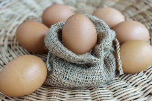 Heap Of Chicken Eggs In Sackcloth, Easter Eggs.